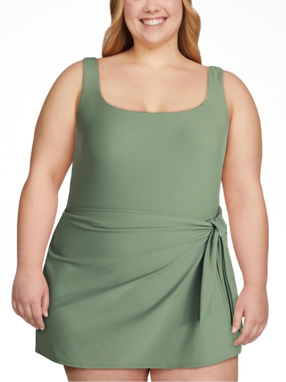 Scoop Neck Swimdress with Side Tie in Sage Green
